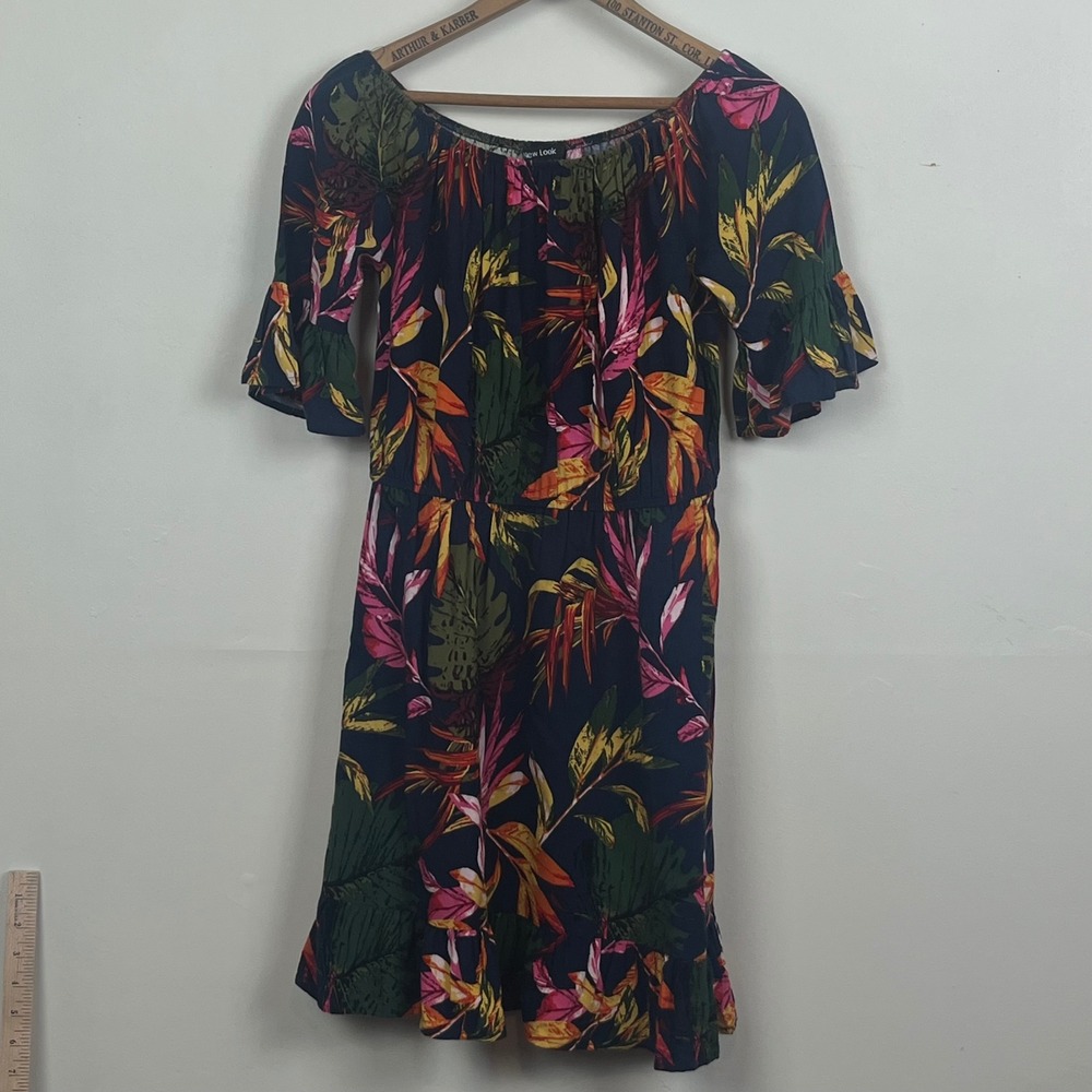 New Look Tropical Floral Off Shoulder Mini Dress Navy Blue Rayon Bell Sleeve M